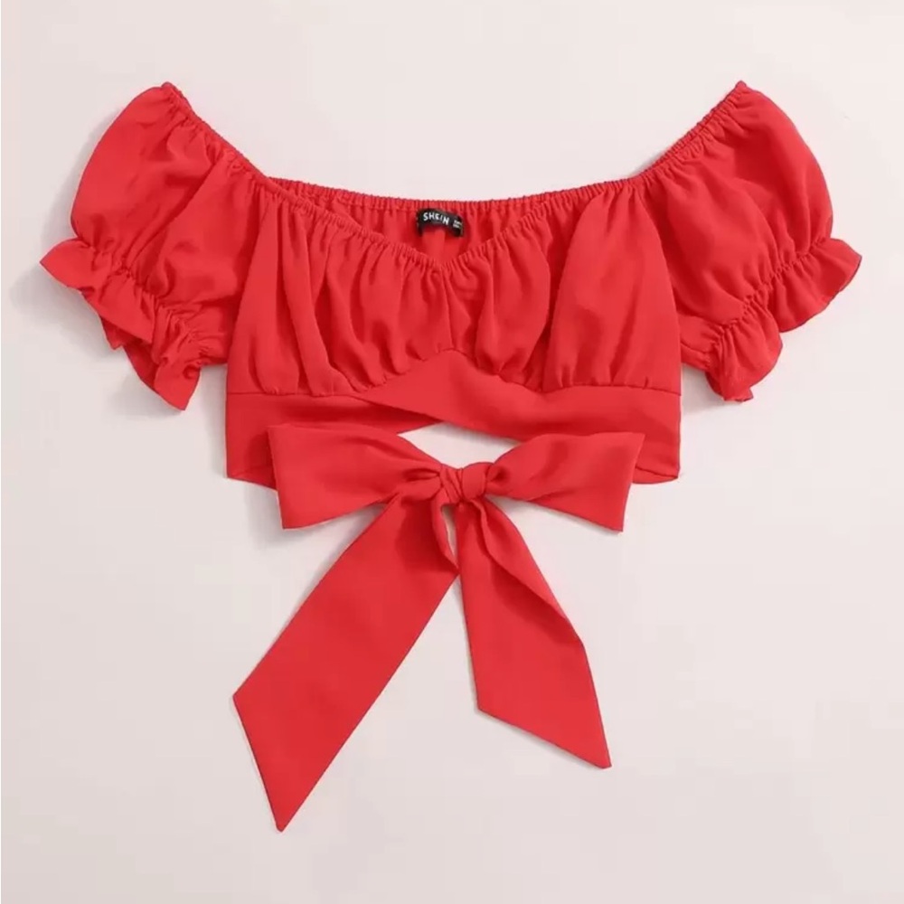 SHEIN Soleia Tied Hem Puff Sleeve Crop Top red size large - Picture 1 of 2